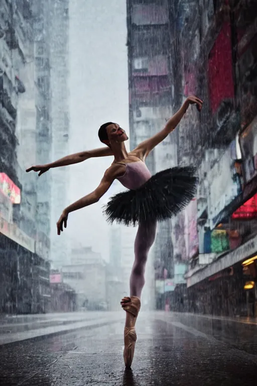 Image similar to a dynamic photograph of a ballet dancer in a wet, dystopic Hong Kong bladerunner street. Realism.