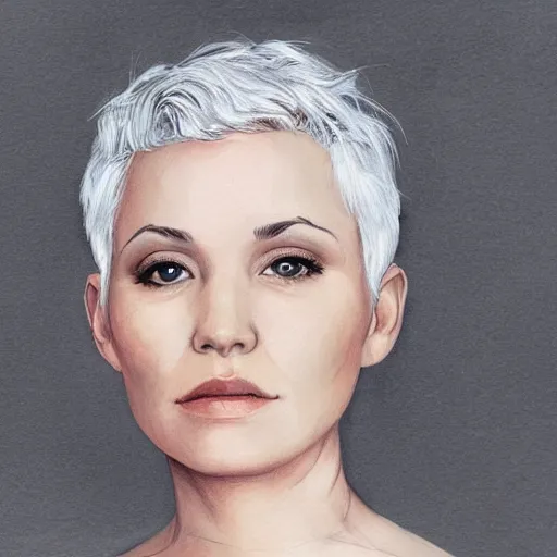 Prompt: portrait of a woman with short white hair, medium shot, illustration, highly detailed, high quality, by jim lee