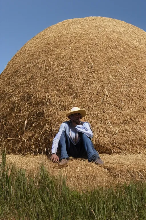 Prompt: man sitting and sleeping at the base of a giant haystack, his wide-brimmed hat pulled over his eyes, highly detailed,