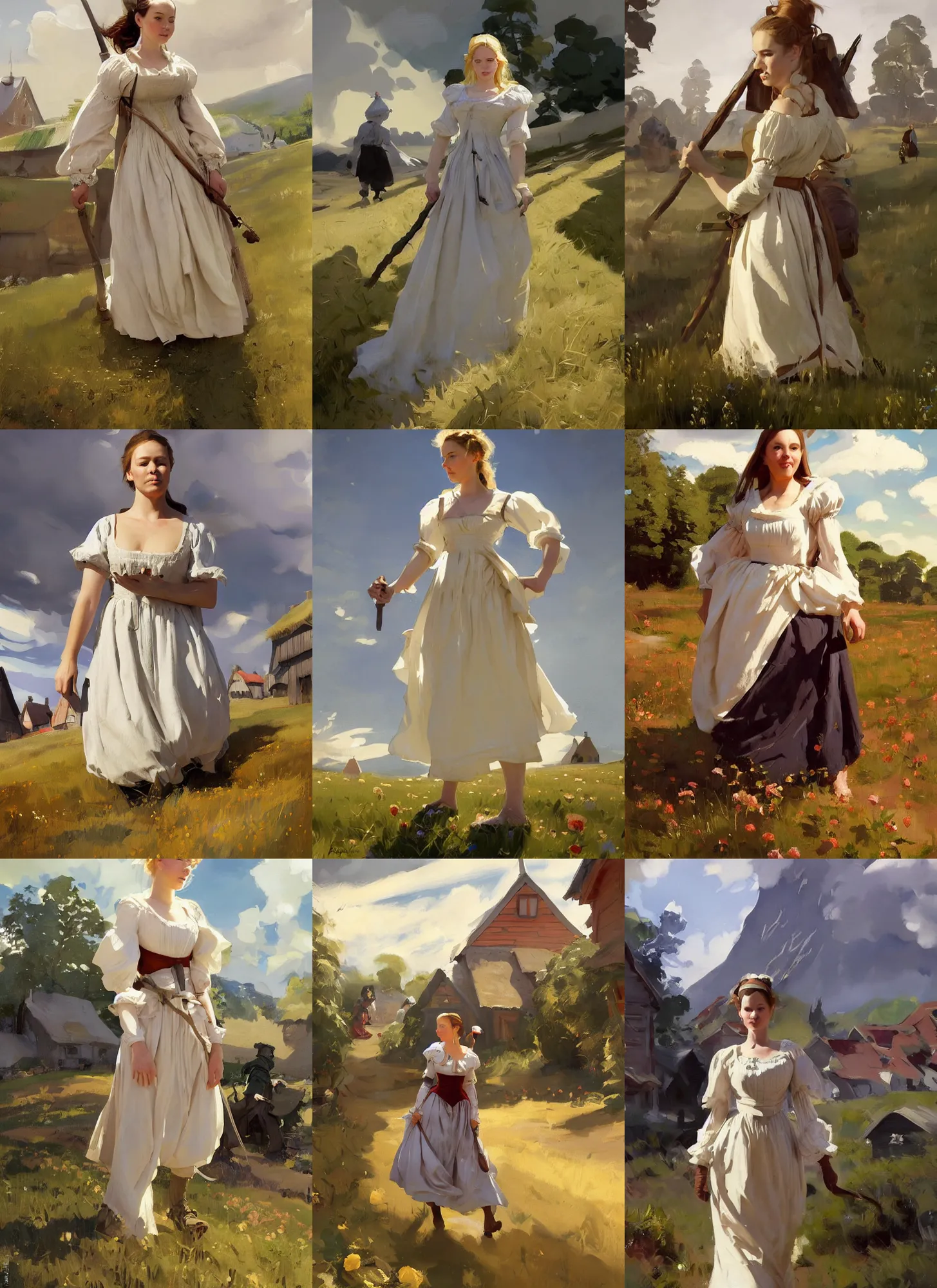 Prompt: finnish norway scandinavian attractive village maiden wearing 1 7 th century bodice walking in the field, jodhpurs greg manchess painting by sargent and leyendecker, studio ghibli, fantasy, medium shot, asymmetrical, intricate, elegant, matte painting, illustration, hearthstone, by greg rutkowski, by greg tocchini, by james gilleard, by joe fenton