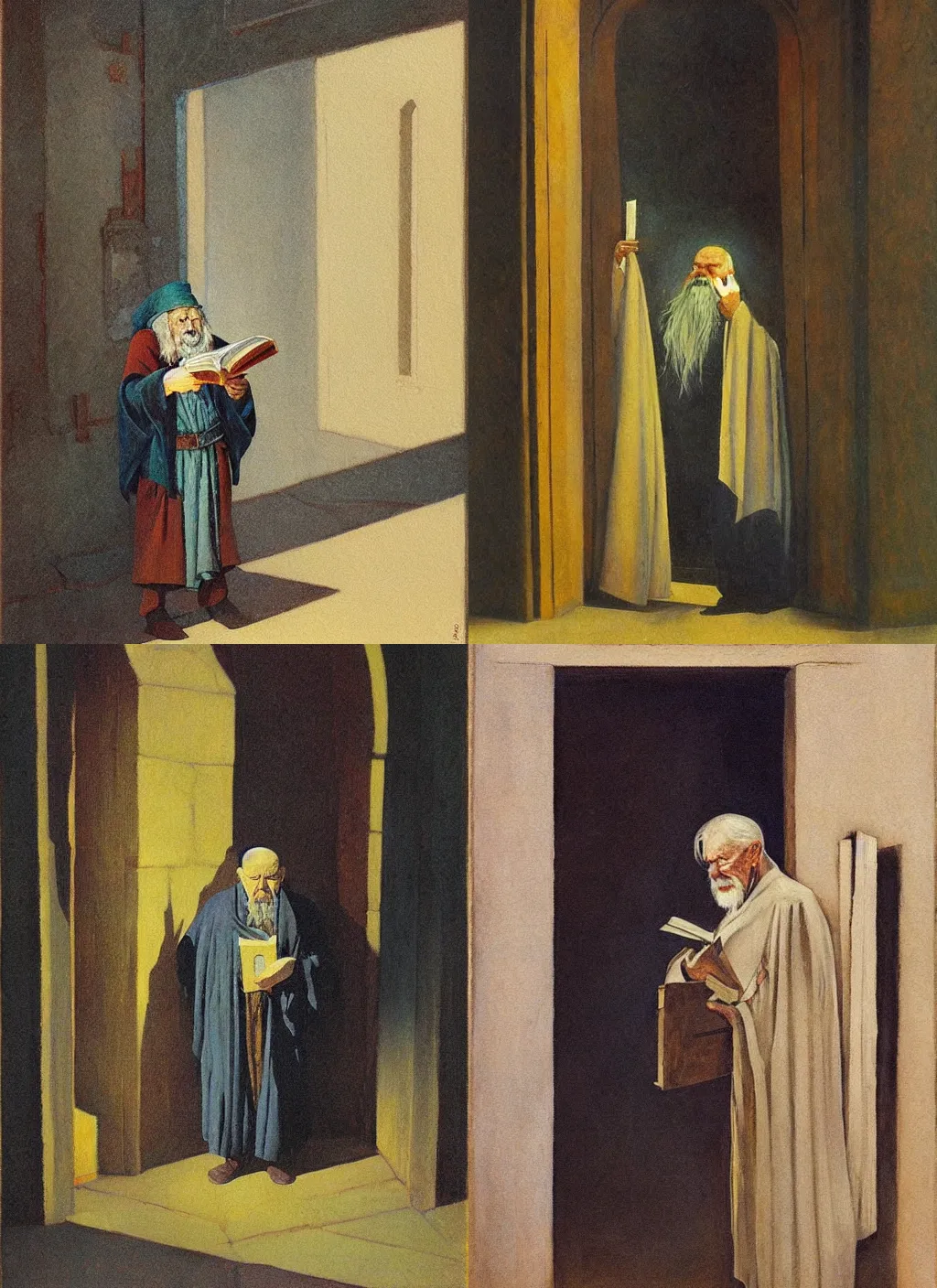 Prompt: a beautiful painting of an old wizard holding a book and standing in front of an ancient door, by n.c. wyeth