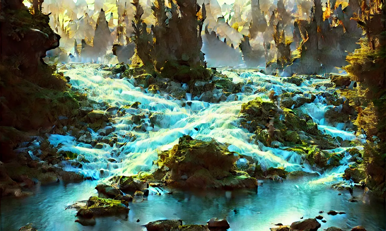 Image similar to Mountain river flows through a fantasy landscape gorge. A big blue lake in the middle of the mountains. Fabulous nature, amazing seascape, highly detailed, digital painting, artstation, concept art, smooth, sharp focus, illustration, art by greg rutkowski and alphonse mucha