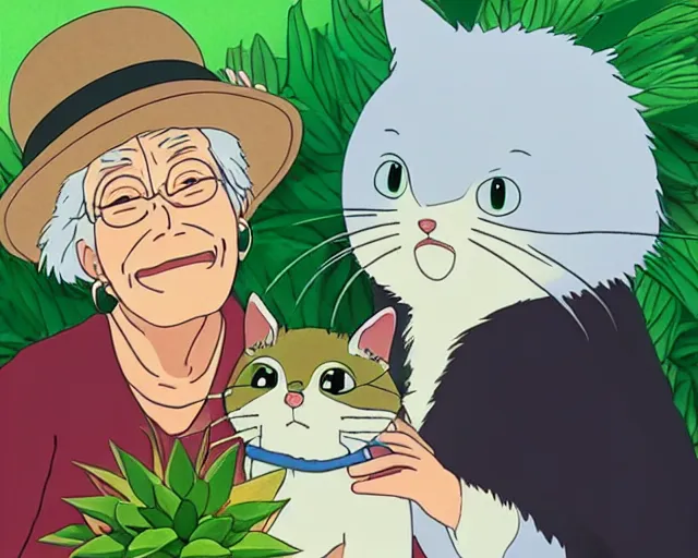 Image similar to fine details portrait of a joyful old lady and her plant cat, by Studio Ghibli. 8k, sharp high quality