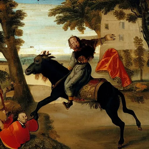 Prompt: henry the 8 th falling off a donkey