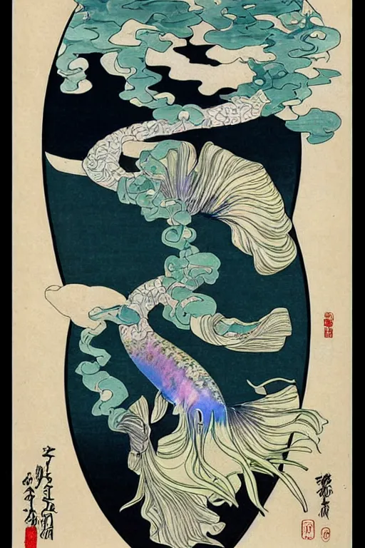 Image similar to ikebana of aquatic botanical plants and a graceful iridescent white betta fish with long swirling fins, black-water-background, traditional Japanese painting, hiroshige, artstation, alphonse-mucha