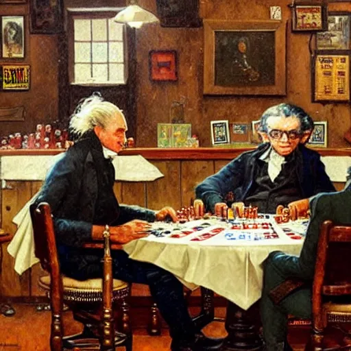 Prompt: playing poker in a saloon, Isaac Newton and Stephen Hawking and Albert Einstein, trending on artstation, Richard Schmid and norman rockwell