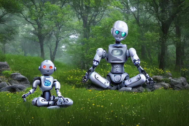 Image similar to professional photo of highly-detailed robot sitting cross-legged with its head pointing down, on a small hill, in a fantasy forest with blooming trees and surrounded my wildlife, river flowing beside the robot, 4k, highly detailed, Unreal Engine