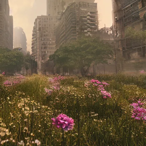 Image similar to A ruined city overgrown by flowers, octane render, 8K, depth of field, By WLOP