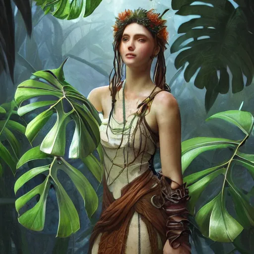 Prompt: a female druid with monstera leaf themed clothing, fully clothed, monstera leaves in the background, volumetric lighting, D&D, fantasy, intricate, cinematic lighting, highly detailed, digital painting, artstation, concept art, smooth, sharp focus, illustration, art by Artgerm and Greg Rutkowski and Alphonse Mucha