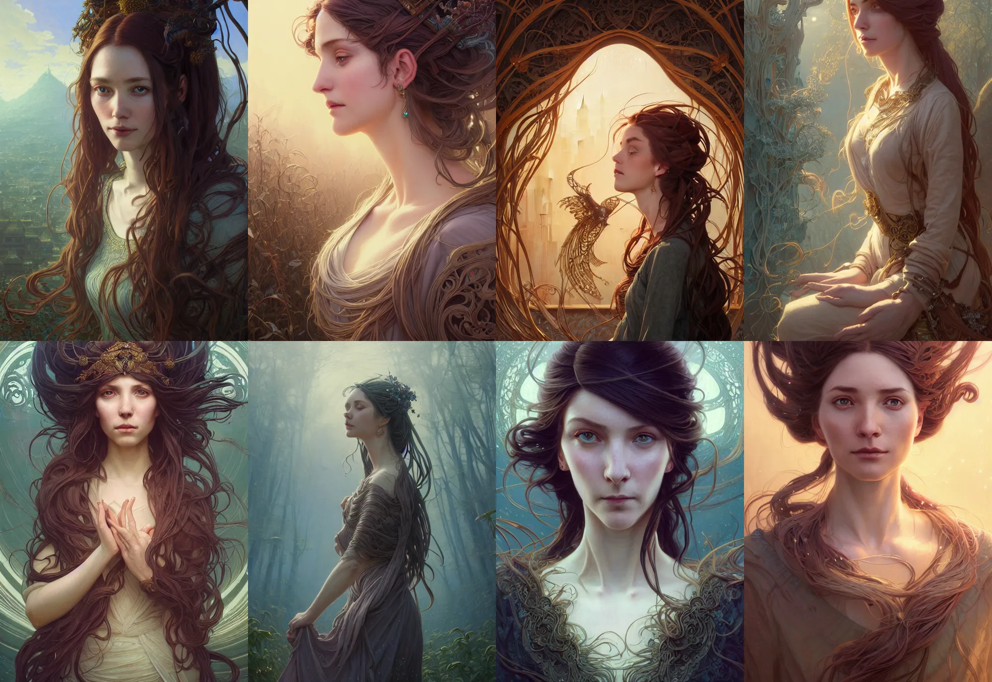 Image similar to highly detailed portrait of a woman with long hairs, stephen bliss, unreal engine, fantasy art by greg rutkowski, art nouveau, loish, rhads, ferdinand knab, makoto shinkai and lois van baarle, ilya kuvshinov, rossdraws, tom bagshaw, alphonse mucha, global illumination, radiant light, detailed and intricate environment