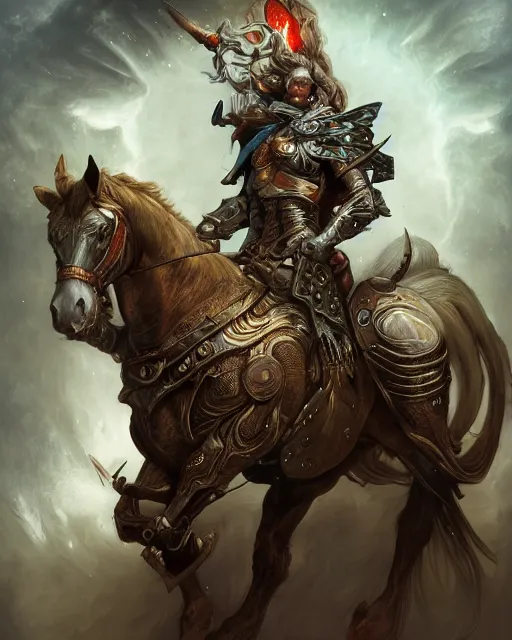 Image similar to Horse warrior, centered, portrait, symmetrical, Path of Exile, Diablo, Warhammer, digital painting, highly detailed, concept art, Nekro, Peter Mohrbacher, Alphonse Mucha, Brian Froud, Yoshitaka Amano, Kim Keever, Victo Ngai, James Jean