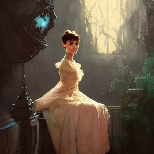 Image similar to audrey hepburn inside haunted mansion, various scenarios, looking for the way out, ghosts around, highly detailed, digital painting, artstation, art by gaston bussiere, greg rutkowski, j. c. leyendecker, robert hubert