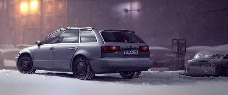 Image similar to Audi A4 B6 Avant (2002), a gritty neo-noir, dramatic lighting, cinematic, eerie person silhouette, death, homicide, homicide in the snow, gunshots, establishing shot, extremely high detail, photorealistic, cinematic lighting, artstation, by simon stalenhag, Max Payne (PC) (2001) winter new york at night, Max Payne 2 graphic novel style, flashing lights, Poets of the Fall - Late Goodbye