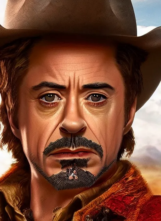 Image similar to an film still of robert downey jr as cowboy with beard, western background, unreal engine. amazing likeness. very detailed.