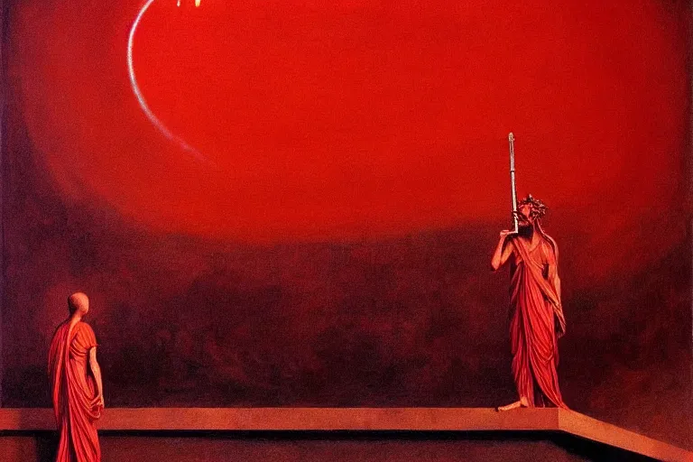 Image similar to only with red, a red melted apollo with a laurel wreath and a flaming sword announce win, athens in background, in the style of beksinski, parts by edward hopper, parts by rodcenko, parts by yue minjun, intricate and epic composition, red by caravaggio, insanely quality, highly detailed, masterpiece, red light, artstation, 4 k