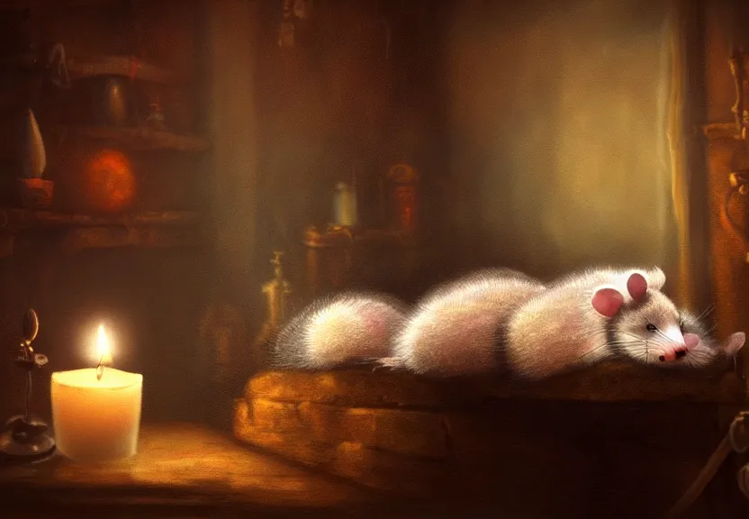 Image similar to cute possum sleeping on a bed in a medieval cluttered cottage at night under the dim light of a candle, dark fantasy, dreaming illusion, trending on artstation