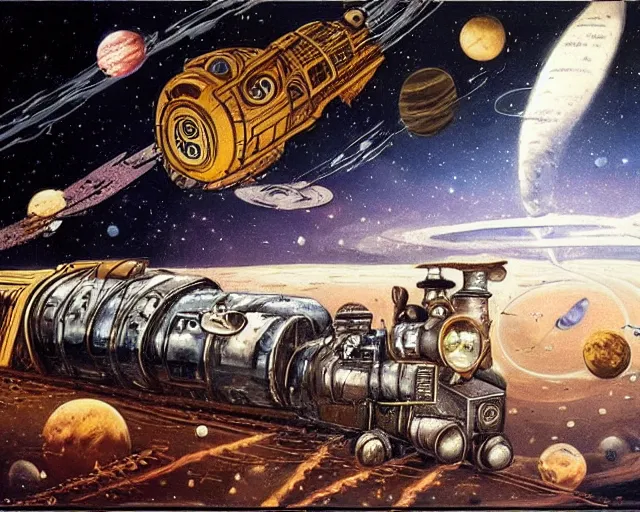 Image similar to Space with steampunk train in space, by michelangelo