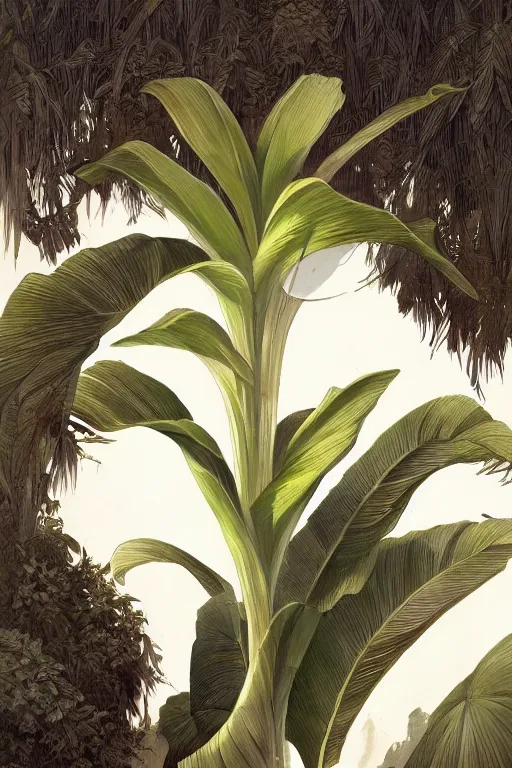 Image similar to ultra realistic illustration, banana plant drawing isolated and closeup, background is white and blank, elegant, highly detailed, digital painting, concept art, smooth, sharp focus, illustration, art by greg rutkowski and alphonse mucha