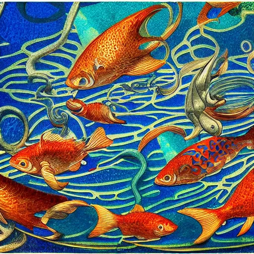 Image similar to fish swimming through a flooded under water city, surrealism, deep aesthetic, abstract realism, highly ornate intricate details, 1 9 2 0's colored pencil, 4 k, cinematic lighting,