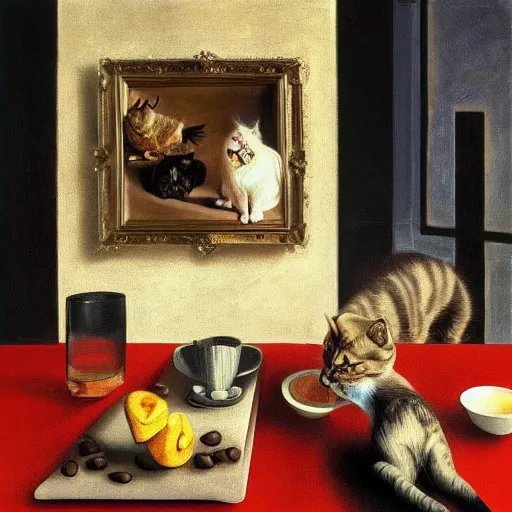 Prompt: highly detailed, 4k, oil painting of cats drinking coffee by Caravaggio, Matisse, and Rothko, surrealism, rendered by unreal engine