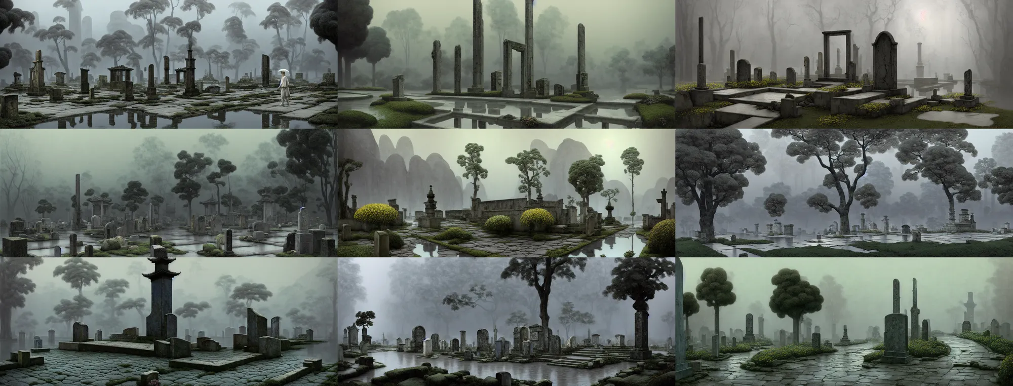 Image similar to a gorgeous bleak spring landscape painting by barlowe wayne maxfield parrish and marco mazzoni. rainy mood. traditional huizhou architecture. just one chinese tombstone. grey blue and very little light verdancy. wet winding stone steps. ultra clear detailed. 3 d, octane render. turbulent blood lake. fog, 8 k