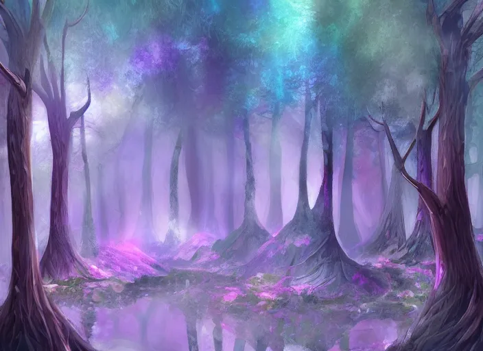 Image similar to ethereal crystals in a fantasy forest, digital painting