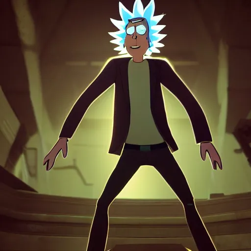 Image similar to full body pose, hyperrealistic photograph of rick sanchez from rick and morty, dim volumetric lighting, 8 k, octane beautifully detailed render, extremely hyper detailed, intricate, epic composition, cinematic lighting, masterpiece, trending on artstation, very very detailed, stunning, hdr, smooth, sharp focus, high resolution, award, winning photo, dslr, 5 0 mm