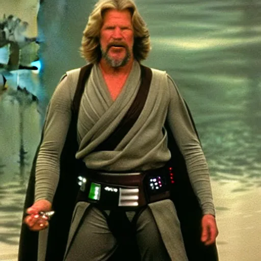 Image similar to “a Star Wars A New Hope movie shot, Jeff Bridges from The Big Lebowski as a Jedi levitating a bowling ball above a swamp on Dagobah” —W 1080