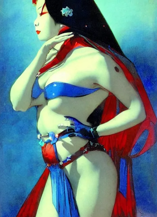 Image similar to portrait of heavyset korean vampiress, jeweled veil, blue and red, strong line, saturated color, beautiful! coherent! by frank frazetta, high contrast, minimalism