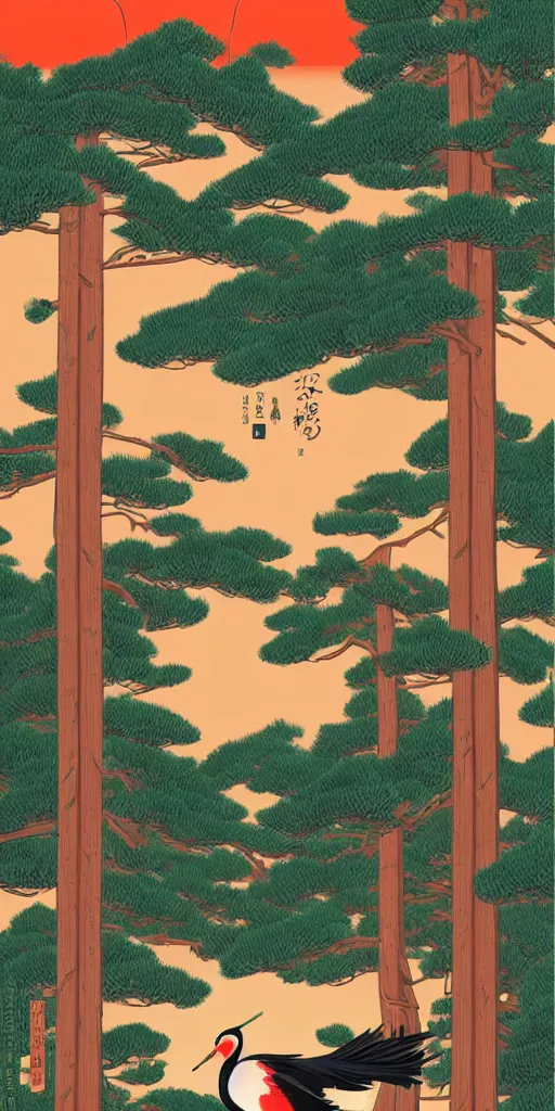 Prompt: hanafuda card for january 20 points, a japanese crane is next to a forest of japanese pines, by range murata, a big red sun in the background, front game card, vector line art, trending on behance, concept art, stunning, matte