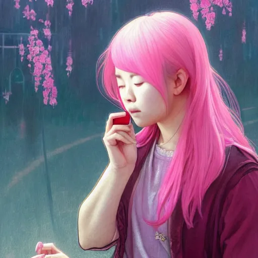 Image similar to asian girl crying while staring at her cell phone, pink hair, tokyo landscape, D&D, fantasy, intricate, elegant, highly detailed, digital painting, artstation, concept art, matte, sharp focus, illustration, art by Artgerm and Greg Rutkowski and Alphonse Mucha