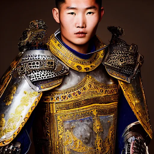 Image similar to a portrait of a beautiful young mongolian male wearing an alexander mcqueen armor , photographed by andrew thomas huang, artistic