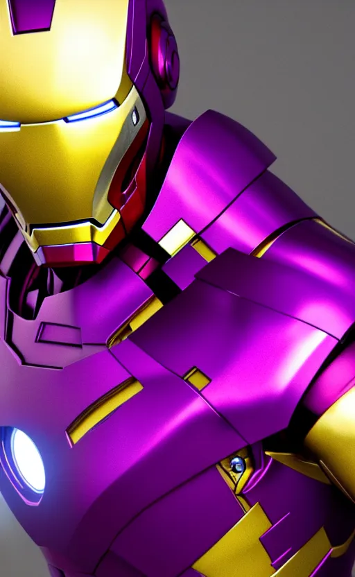 Prompt: iron man's suit but the colour scheme is purple and gold, octane render, photorealistic, realistic shading, cinematic, detailed textures