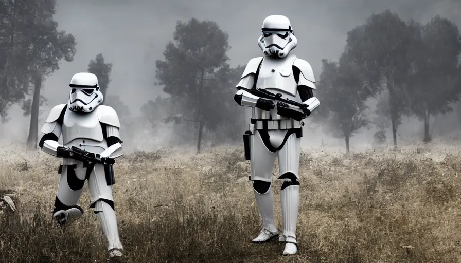 Image similar to Photorealistic Rendering of a Stormtrooper in World War!! 2 on a battlefield between ruins, Wallpaper, Hyperdetailed, Raytraced, Haze, Style of Claude Monet