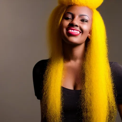 Prompt: a realistic model photoshoot of a black girl with yellow afro hair, beautiful, model, professional picture, realistic, 4 k, bright light, portrait