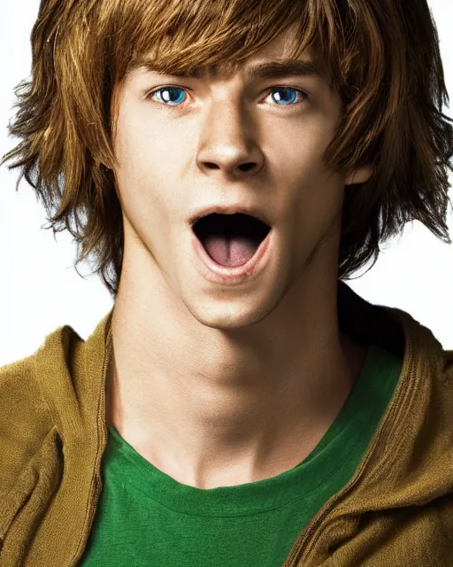 Image similar to dramatically - lit closeup portrait photograph of norville shaggy rogers from the scooby - doo live - action film ( 2 0 0 2 ), sharp details, vignette, high saturation, smooth textured skin, subsurface scattering, green shirt, photograph by mark mann and martin schoeller, 4 k, soft focus, centered, symmetrical