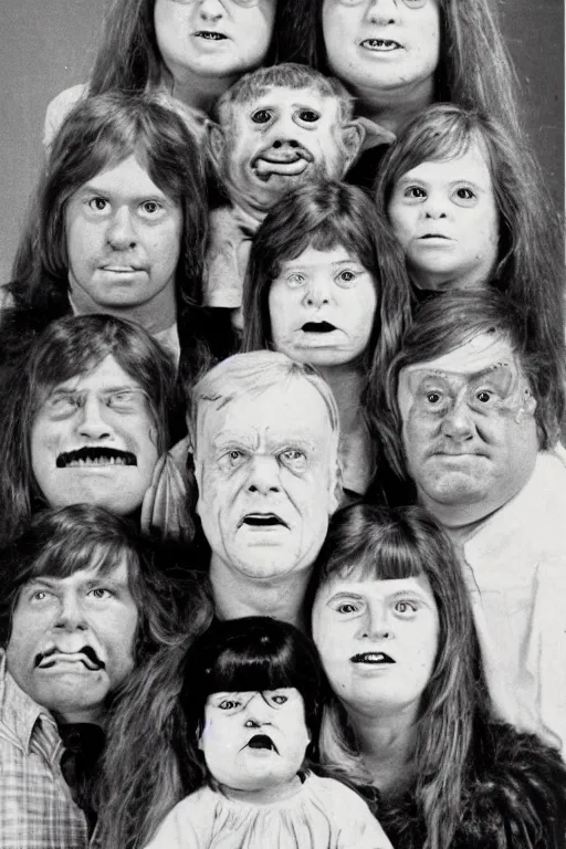 Image similar to mugwump mutant family photo, 1 9 7 0 s, olan mills studio, creepy, scary, nightmare, color, grotty, ugly, terrified