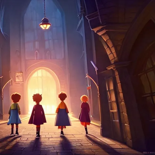 Image similar to a wholesome animation key shot of harry potter students, pixar and disney animation, sharp, very detailed, high resolution, rendered in unreal engine 5, key art by greg rutkowski, bloom, dramatic lighting