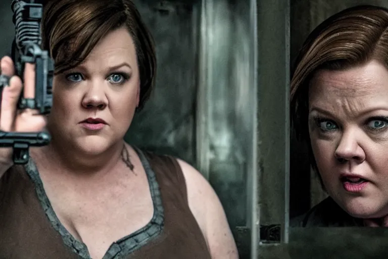 Prompt: Melissa McCarthy starring in Resident Evil, horror, cinematic style, realistic, 35mm