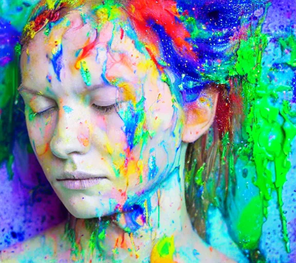 Image similar to still shot footage of a portrait of a female angel's head made of acrylic pour and coloured powder explosion and splashing paint and dripping paint and flying paint chunks, closing eyes, motion blur, hyperrealistic, medical, intricate art photography, anatomically correct, realistic crisp textures, 1 6 k