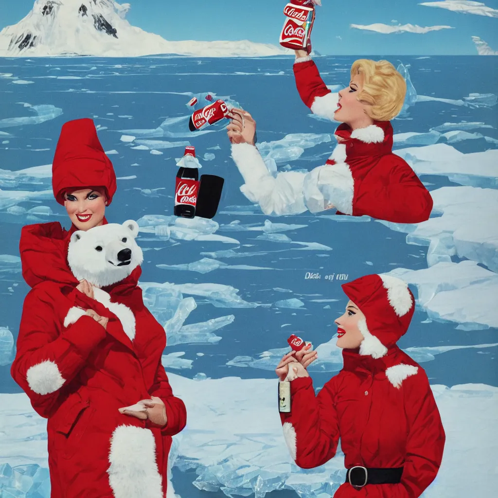 Image similar to woman wearing a parka drinking a bottle of coke in front of an icy polar landscape, polar bear in the far background, coka-cola advertisement, pinup style, retro ad, print advertising, 1960's, trending on artstation