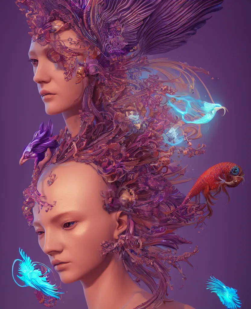 Image similar to goddess close-up portrait. orchid bird phoenix head, nautilus, skull, betta fish, bioluminiscent creatures, intricate artwork by Tooth Wu and wlop and beeple. octane render, trending on artstation, greg rutkowski very coherent symmetrical artwork. cinematic, hyper realism, high detail, octane render, 8k