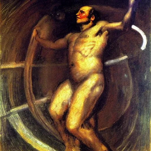 Image similar to a painting of benjamin netanyahu as sisyphus, by franz stuck