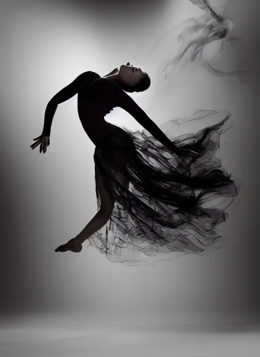 Image similar to a Photorealistic dramatic hyperrealistic render of a beautiful Female smoke dancer by Ken Brower and Deborah Ory of NYC Dance project,Lois Greenfield,Flowing cloth and smoke,Beautiful dynamic dramatic dark moody lighting,volumetric,shadows,cinematic atmosphere,Octane render,8K