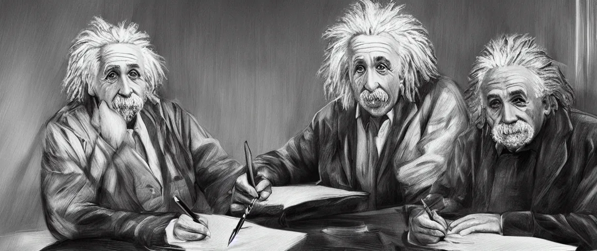 Prompt: “ a extremely detailed stunning portraits of einstein writing notes in laboratory by allen william on artstation ”