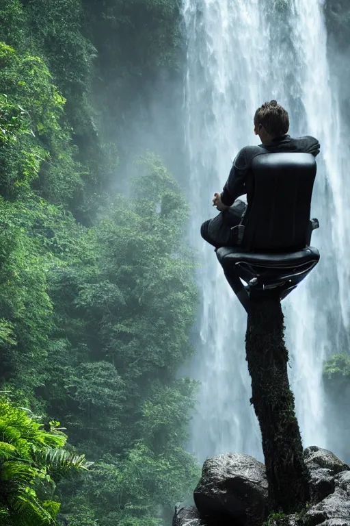 Image similar to movie closeup young man with a grey beard in a cyberpunk suit sitting on a futuristic chair at the edge of a jungle waterfall by emmanuel lubezki