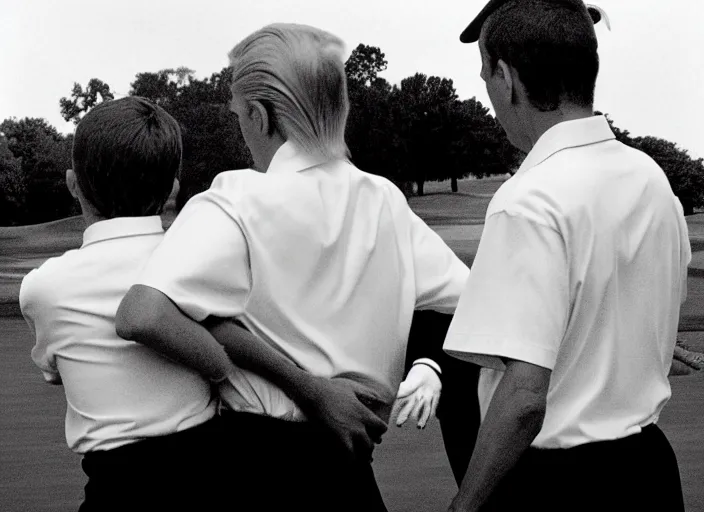 Image similar to Donald Trump with hands behind back taken away by two young FBI agents wearing uniforms at golf course, photo by Alex Webb, photo by James Nachtwey