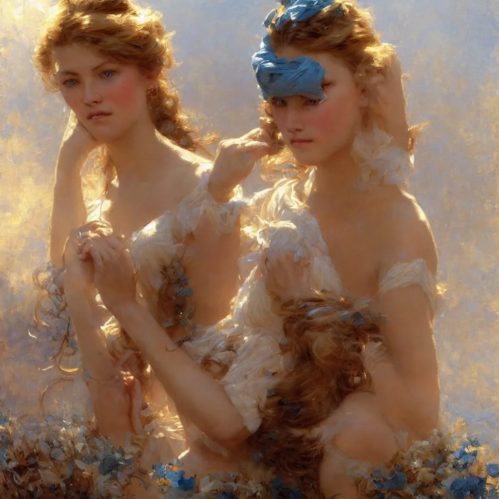 Prompt: detailed cinematic wide angle shot of beautiful attractive woman clean skin blue yese blonde hair, ultra realistic, spring light, painting by gaston bussiere, craig mullins, j. c. leyendecker