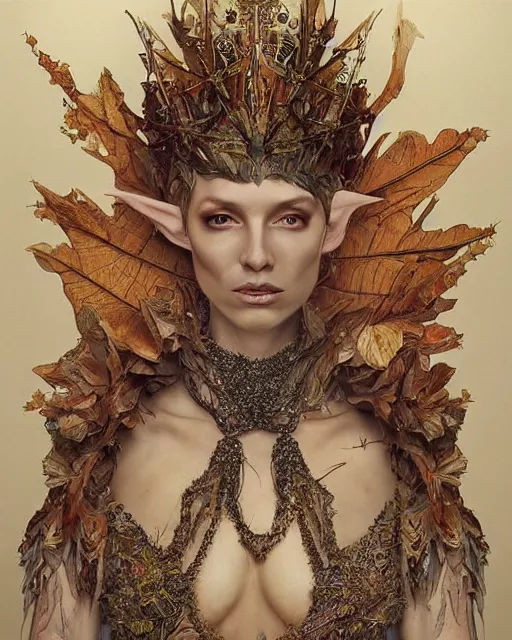 Prompt: Beautiful and frightening high elf queen wearing high fashion made of wood and leaves from Alexander McQueen and Iris Van Herpen, hyperrealistic masterpiece painted by Jaime Jones, Jana Schirmer, Artgerm and Alphonse Mucha
