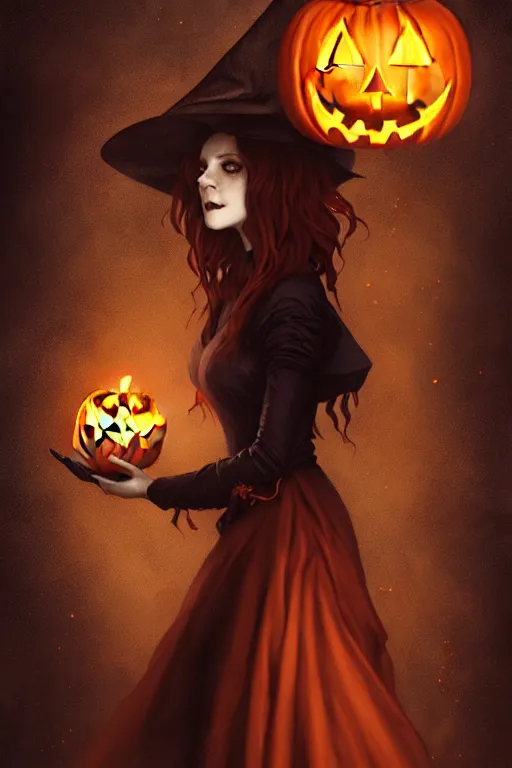 Prompt: portrait of a ghoulish victorian witch holding a jack - o - lantern, halloween night, charlie bowater, artgerm, ilya kuvshinov, krenz cushart, ruan jia, realism, ultra detailed, 8 k resolution